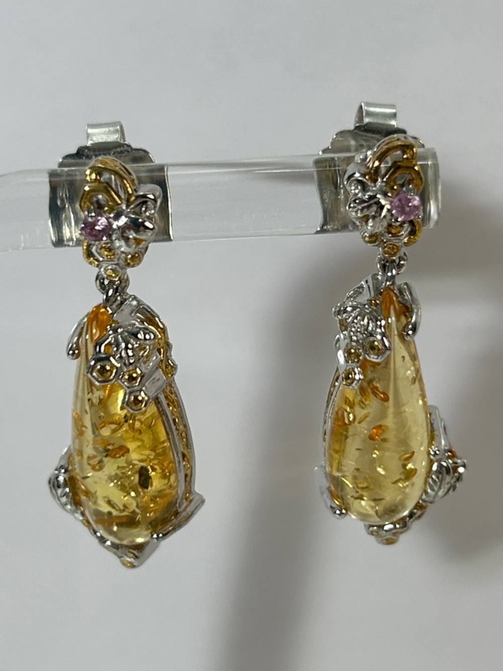 NWOT Gems En Vogue Palladium 18k Accents Rare Genuine Honey Amber Earrings